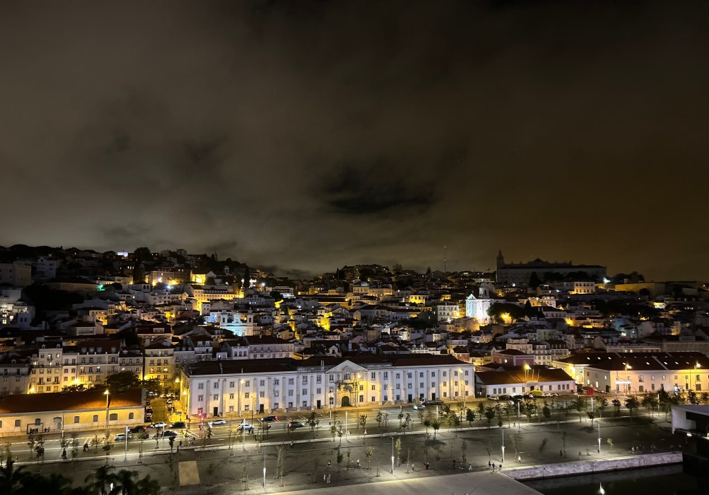 Lisbon at night from Virgin Voyages Resilient Lady Cruise Ship