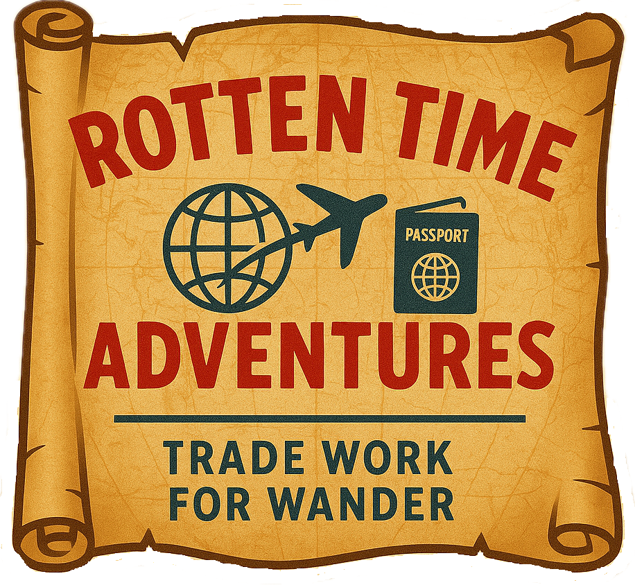 Rotten Time Adventures Logo that shows an airplane flying around a globe a passport. Our slogan "Trade Work for Wander" is listed below.