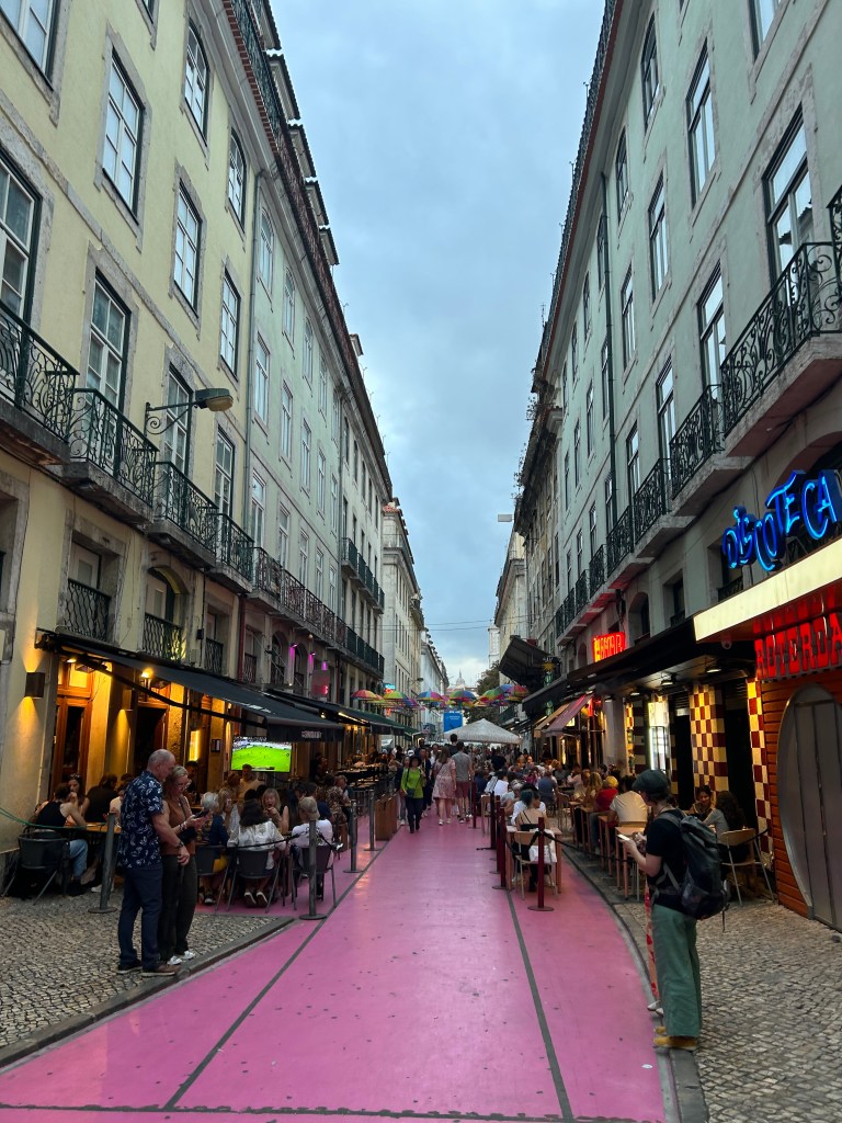 Looking down Pink Street in Lisbon, Portugal